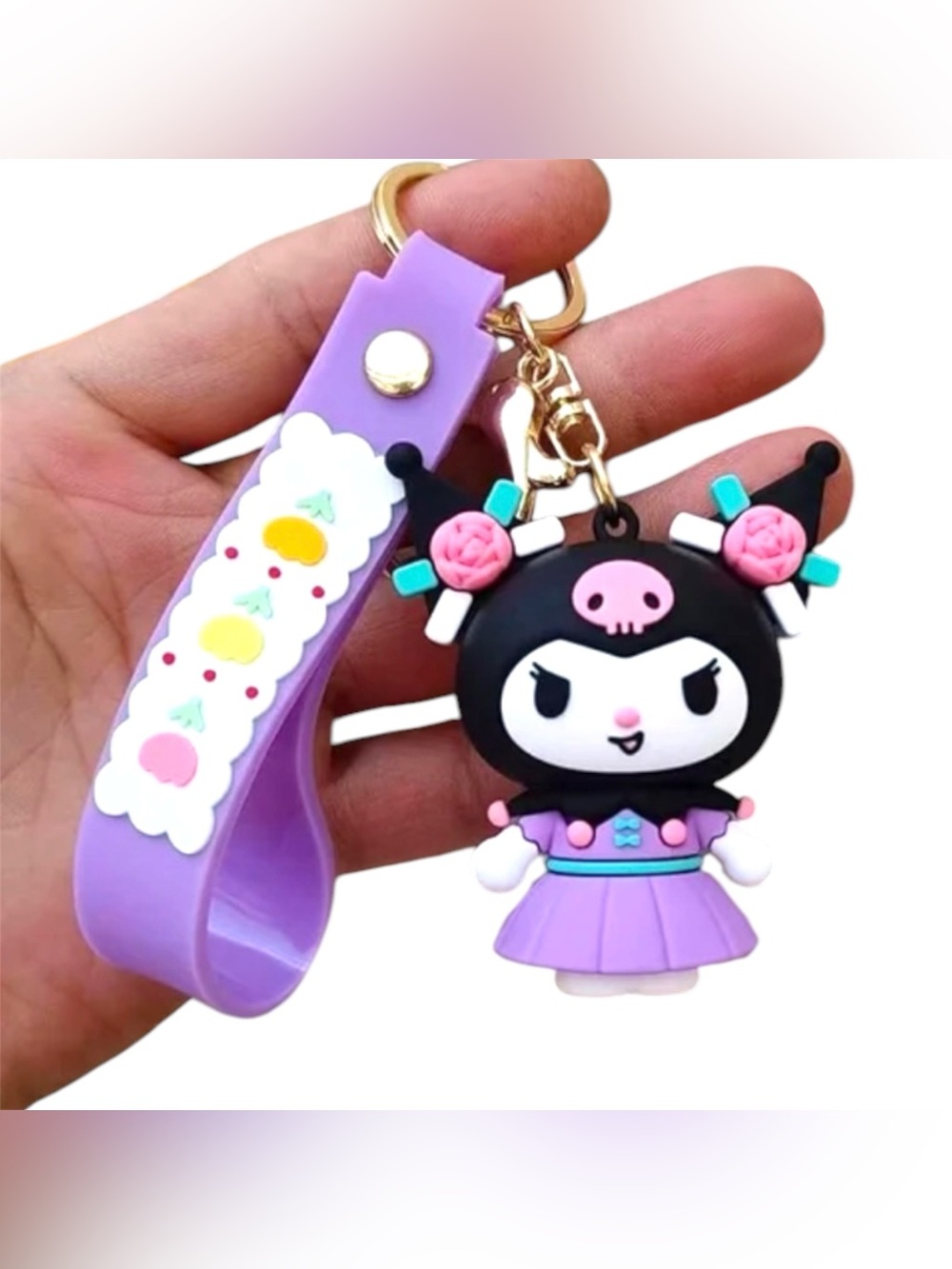 Kuromi-Inspired Purple Character Keychain with Wrist Strap